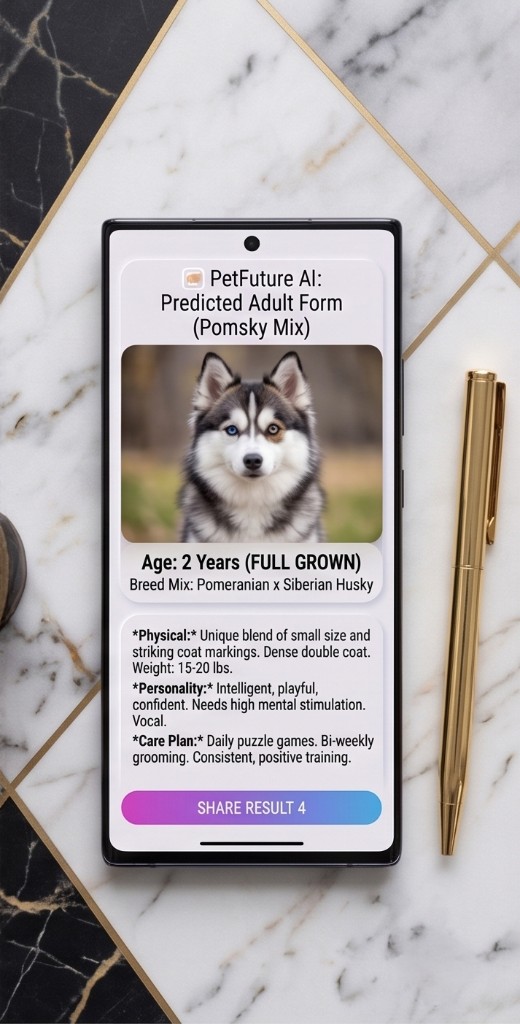 PetFuture adult form card for a Pomsky mix with physical and personality notes