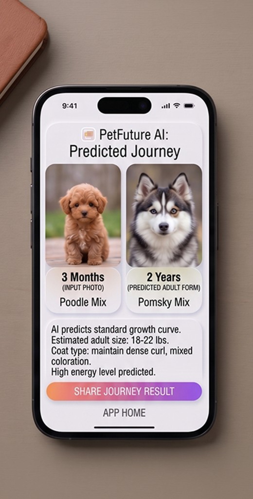 PetFuture journey view comparing a puppy input photo with a predicted adult render