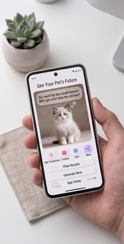 PetFuture home screen showing a kitten with a thought bubble and age progression controls