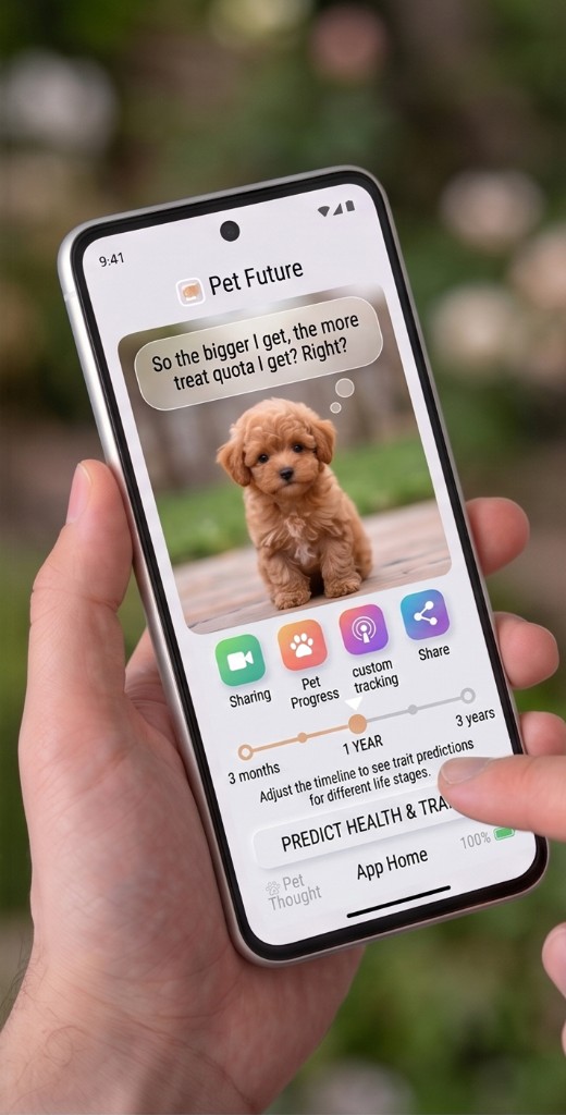 PetFuture app on a phone with a puppy photo, timeline slider, and predict button
